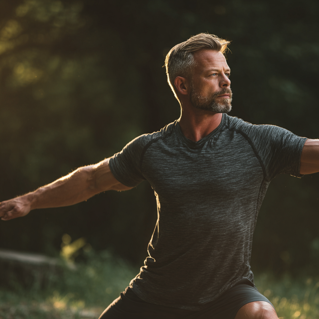 focused man exercising with controlled movements in natural environment