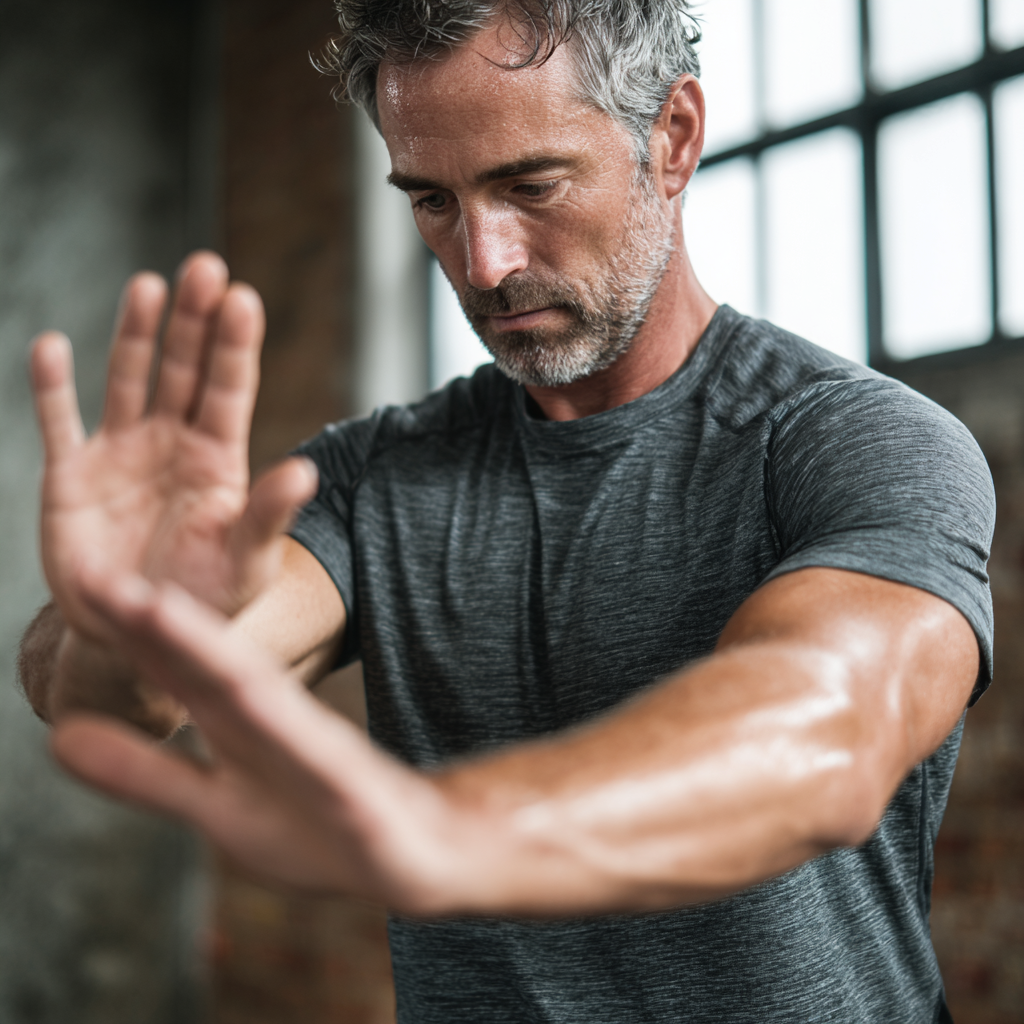 mature man practicing controlled movement exercises indoors